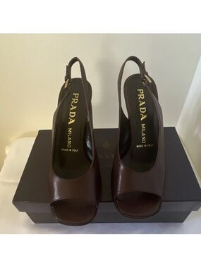 Prada Dark Brown Leather Peep-Toe Slingback Heels